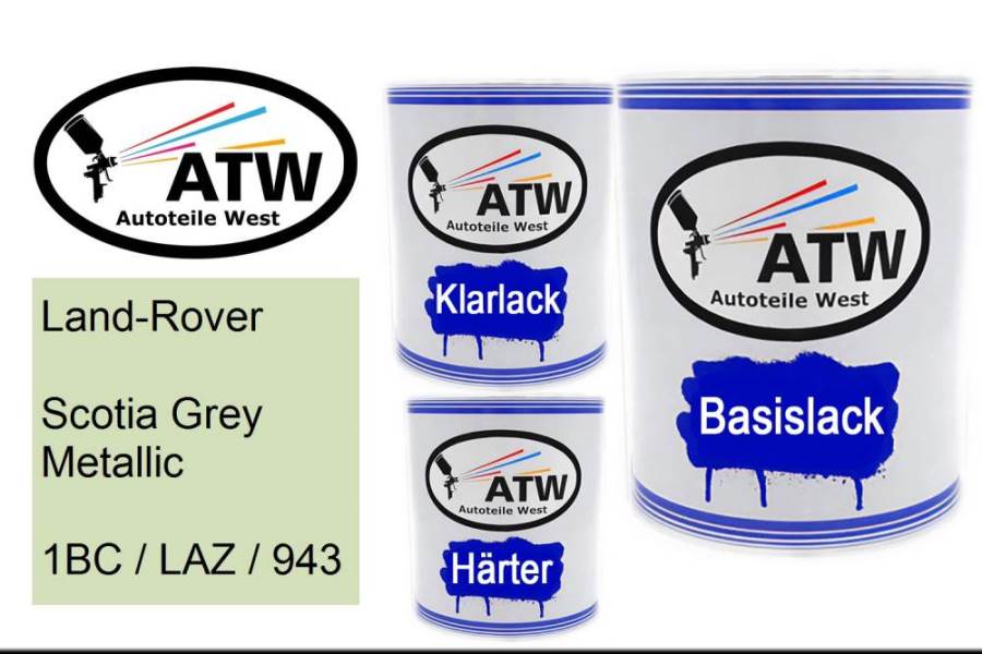 Land-Rover, Scotia Grey Metallic, 1BC / LAZ / 943: 1L Lackdose + 1L Klarlack + 500ml Härter - Set, von ATW Autoteile West.